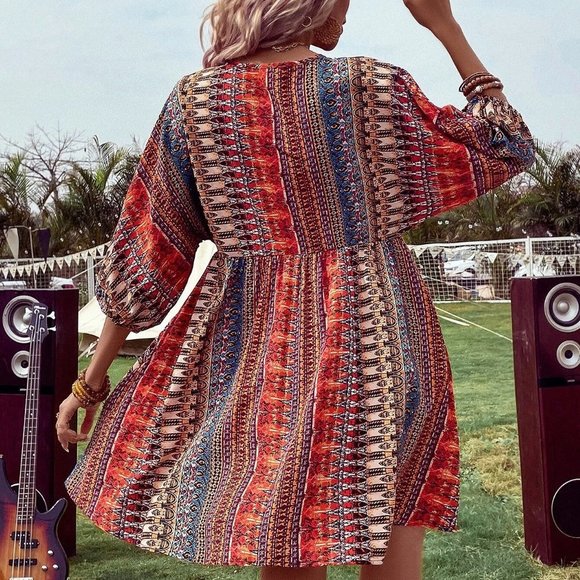 Red Boho Womens Geo Print Batwing Sleeve Smock Dress - Picture 2 of 5